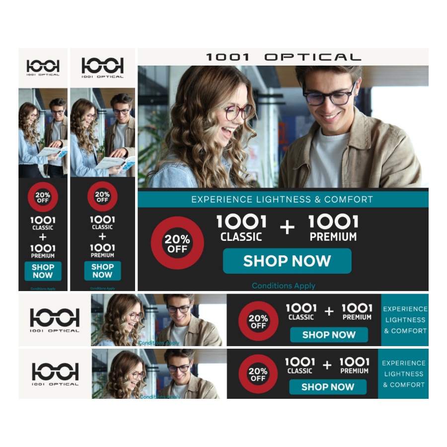 An optical retail campaign: a set of matching display banner ads in several sizes, designed by Palettiq