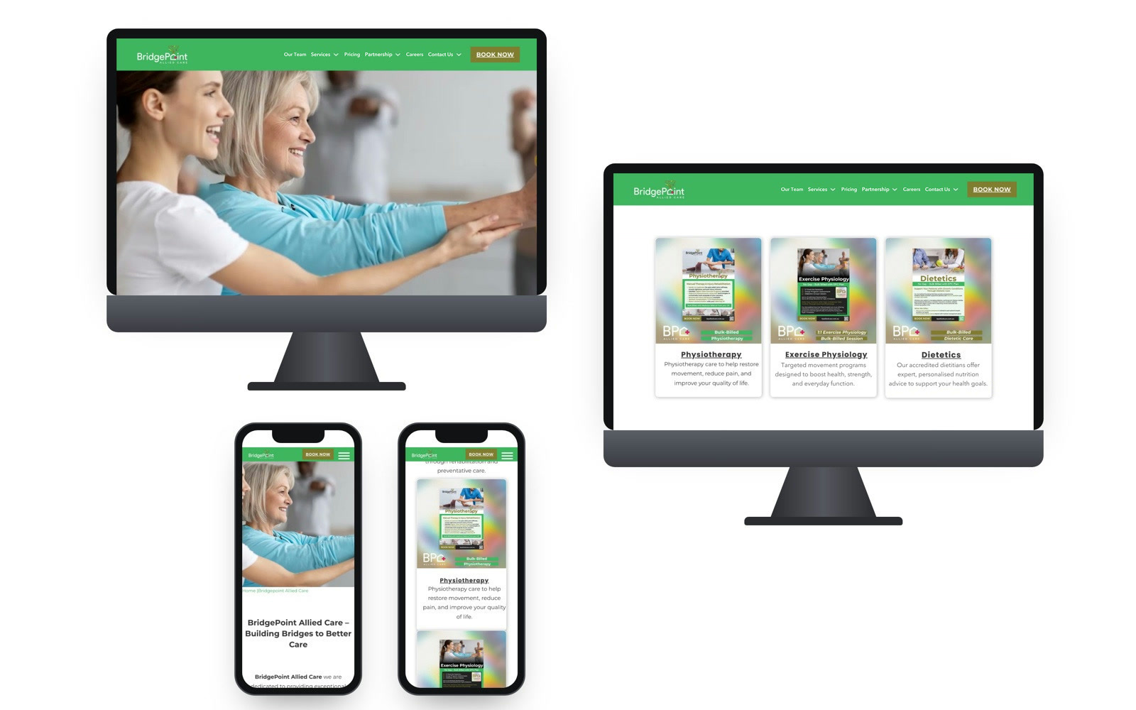 Allied health clinic website shown on two desktop screens and two phones