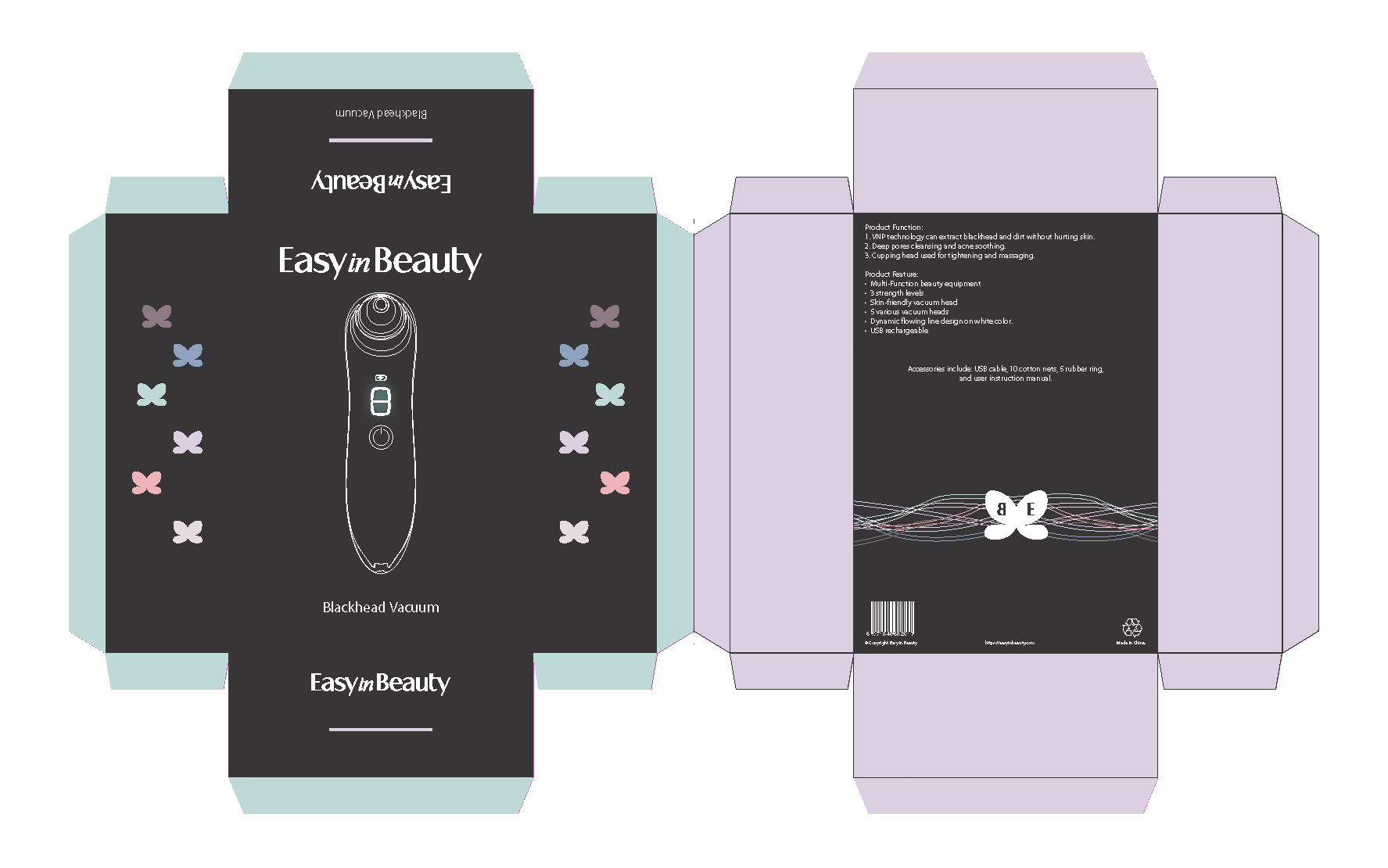 Beauty device packaging: the flat box dieline, front and back, in charcoal, lavender and soft teal