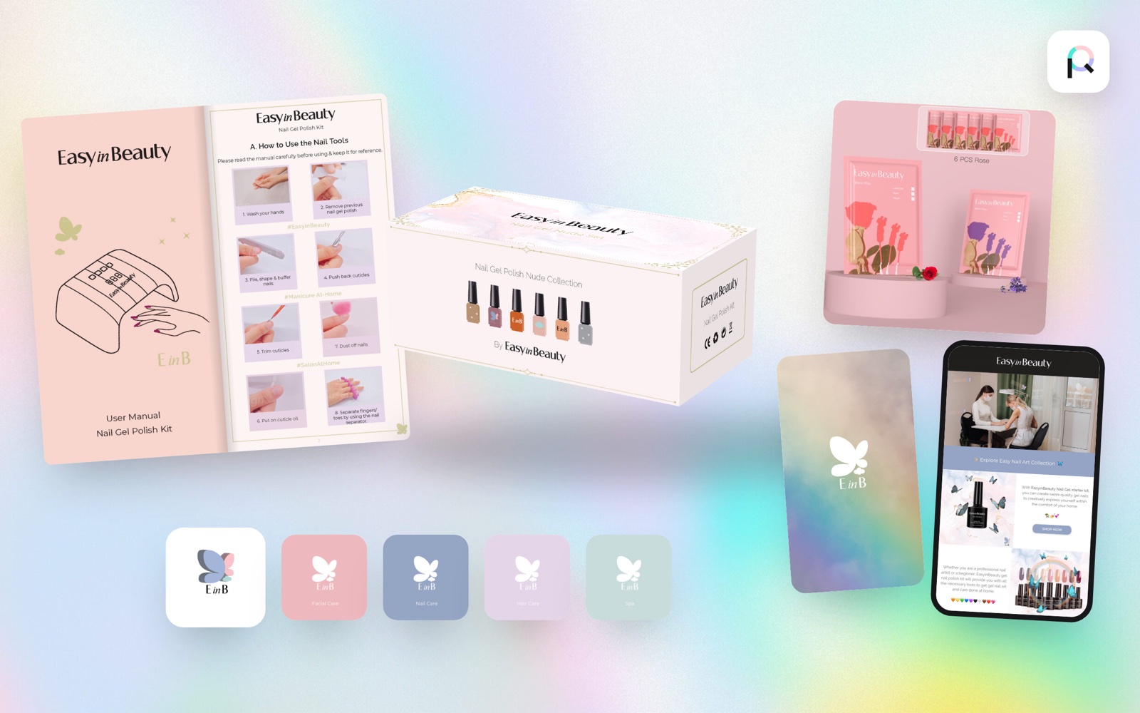 E-commerce brand design: user manual, nail gel polish kit box, warm wax packaging, brand icons, brand story and email