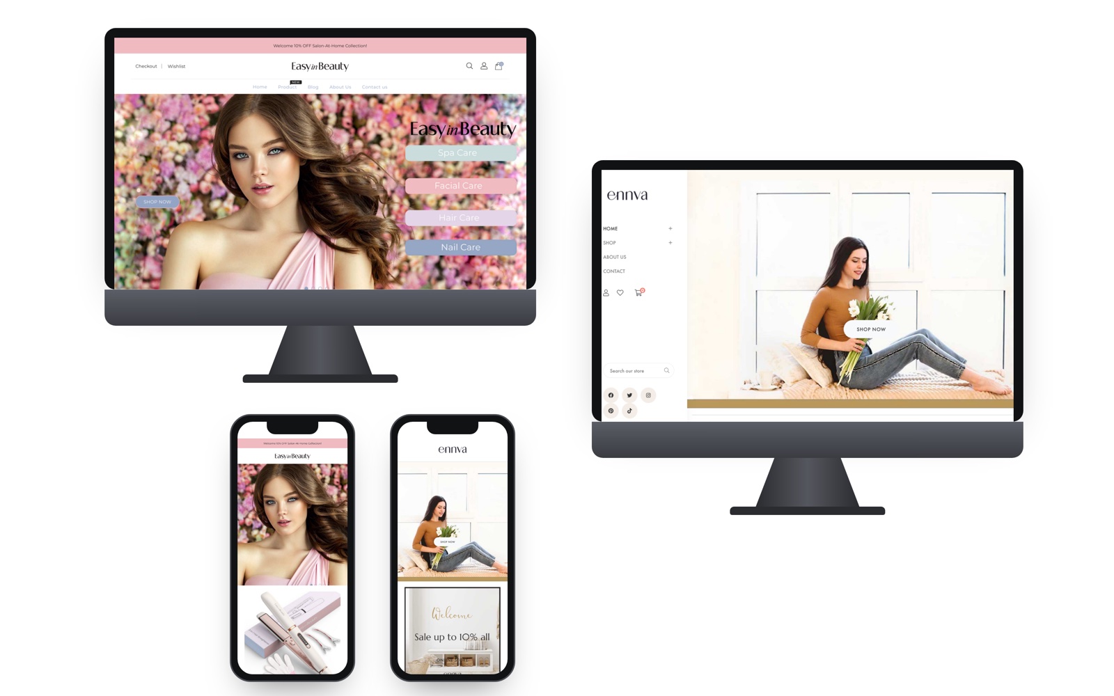 E-commerce website designs shown on two desktop screens and two phones
