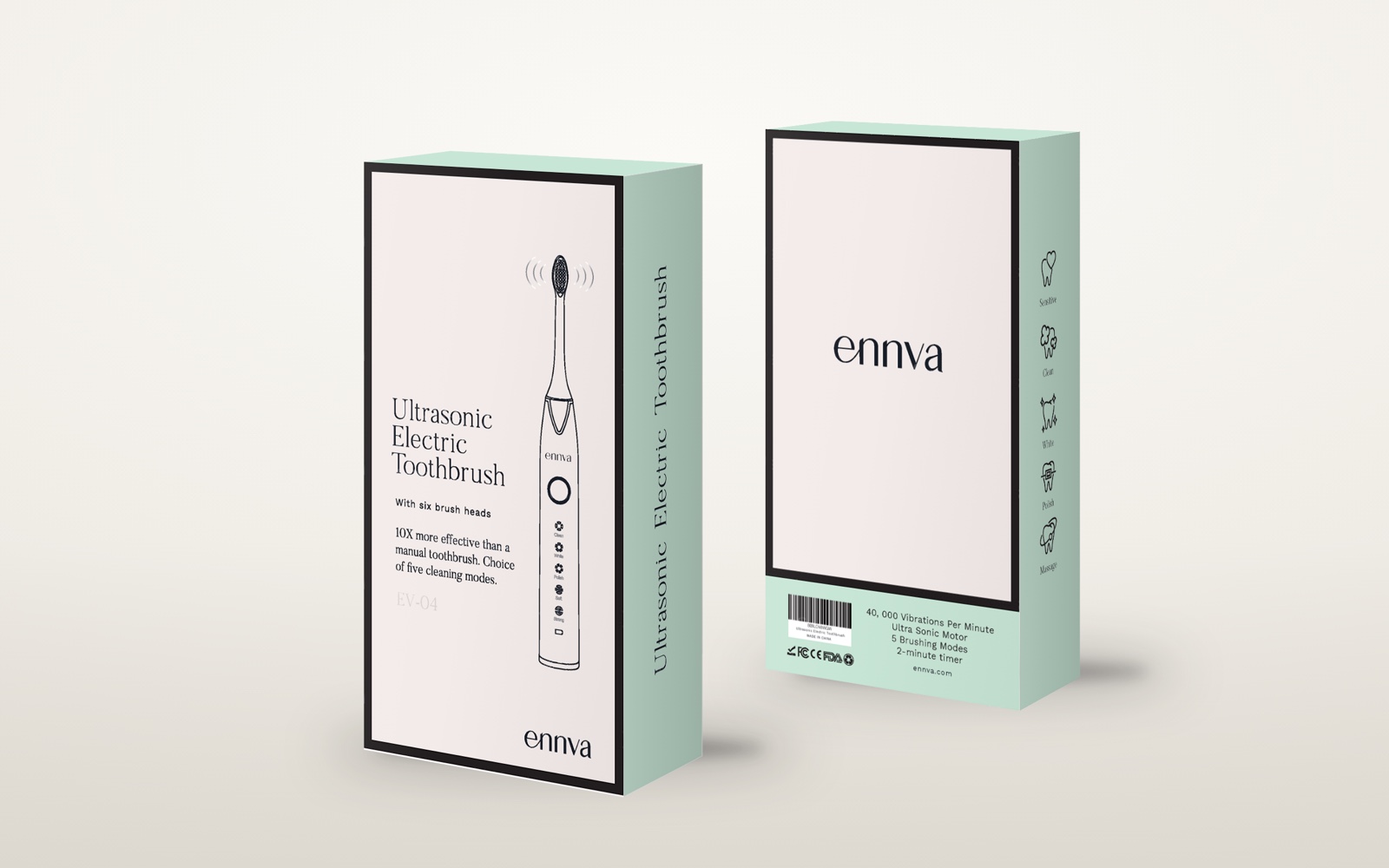 Electric toothbrush packaging shown as two 3D boxes: the front with a product line drawing and the back with feature icons, in blush pink and soft mint