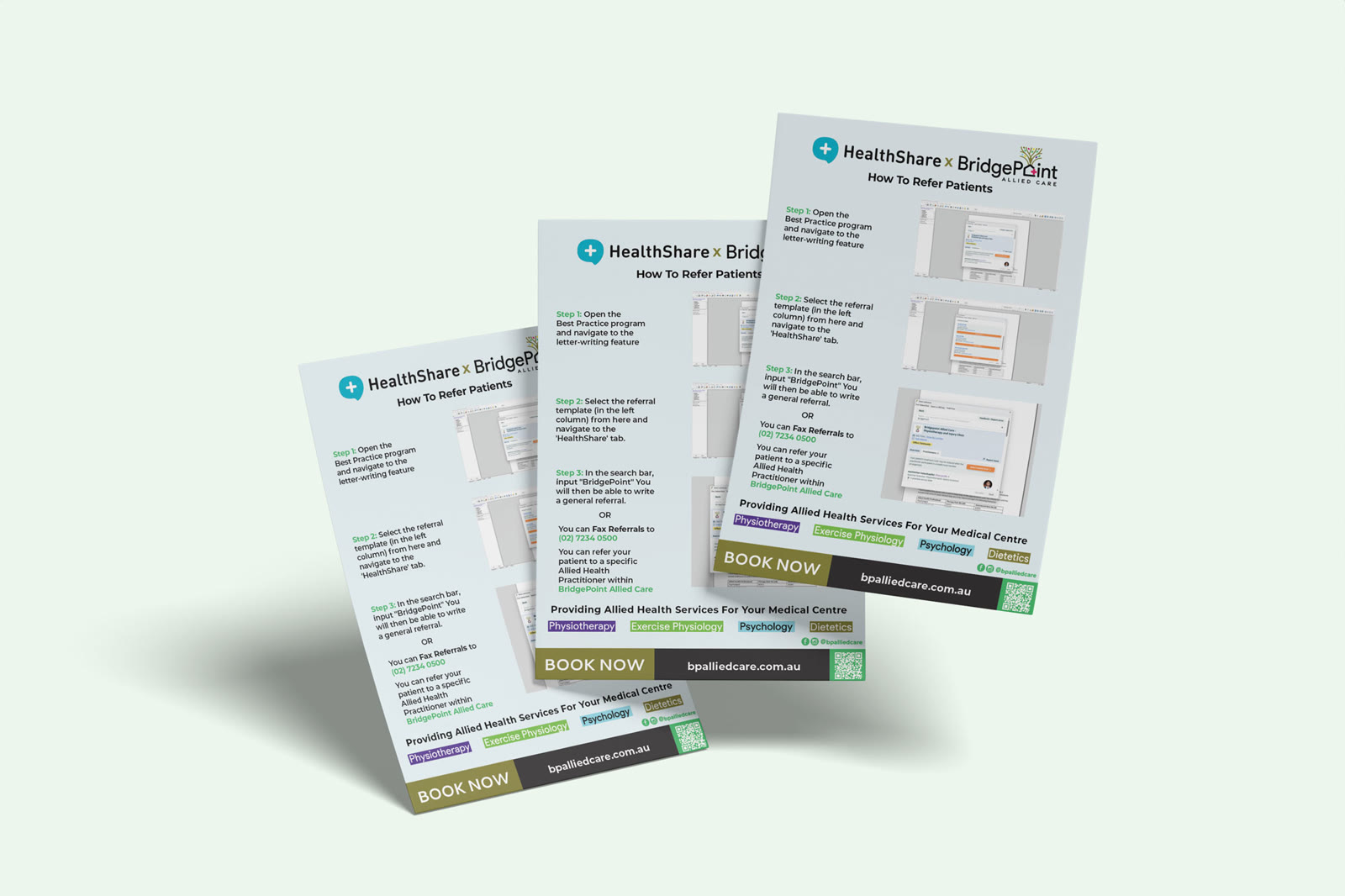 GP referral posters showing medical centres how to refer patients to an allied health group through HealthShare